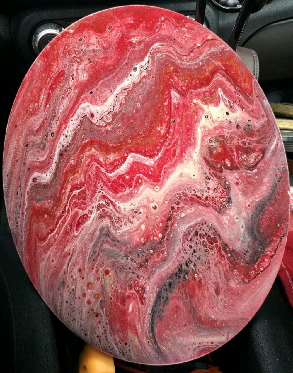 Modern Abstract Acrylic Pour Painting Red Black White Round Wall Art Signed